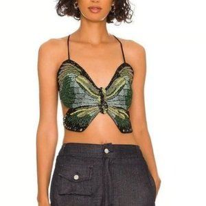 Cult Gaia X Bratz Parvana Butterfly Beaded Top in Kiwi Multi Black